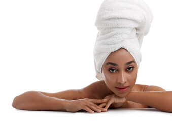 Portrait of beautiful Brazilian woman after spa treatment on white background