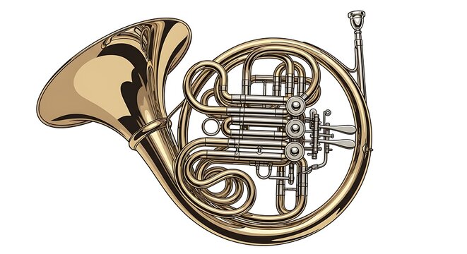 French horn brass instrument orchestral music band concert performance musical instrument illustration drawing