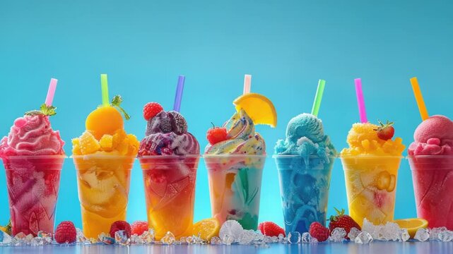 A row of colorful ice cream sundaes with various toppings, perfect for commercial use in advertisements, menus or social media