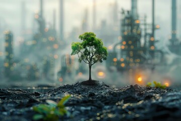 Tiny Lush Tree with Blurred Industrial Factory Describe Sustainable Green Concept