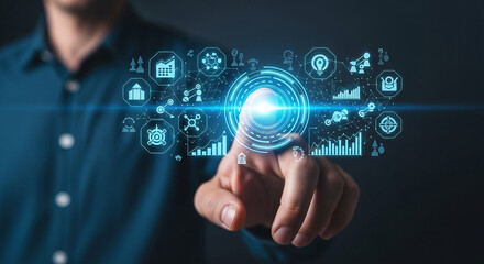 Business intelligence dashboard touch screen interface data analytics and visualization concept