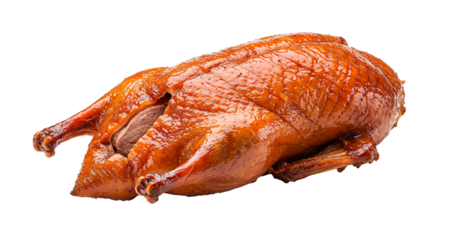 A beautifully roasted duck with a crispy golden-brown skin, perfect for a special meal.