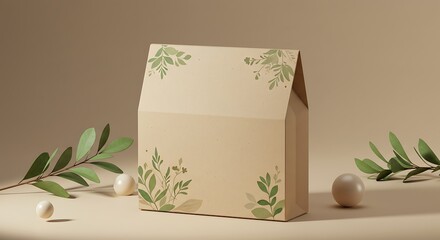 Eco-friendly cardboard packaging with minimalist botanical design, displayed on a neutral background.