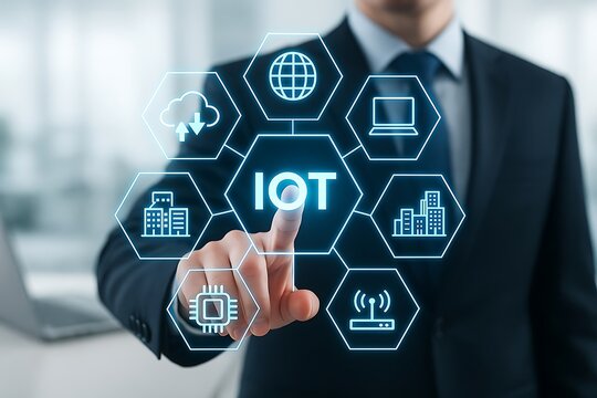 Businessman touches the internet of things network with connected devices and cloud services