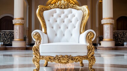 Ornate white upholstered throne chair with gold detailing.