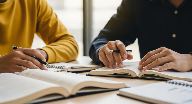 Students collaborating on study group session for exam preparation and learning together at the library