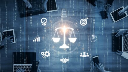 Futuristic digital law interface displaying justice scale, highlighting digital law, AI compliance,...