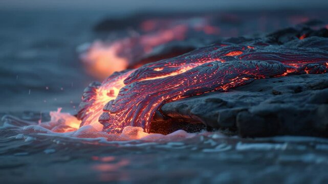 Molten lava flows underwater near volcano eruption creating glowing red patterns and steam as it meets ocean in dramatic natural volcanic scene