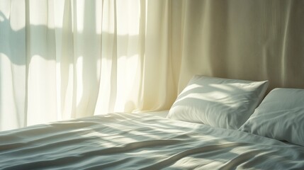 Sunlight streams into a bedroom with a draped window.