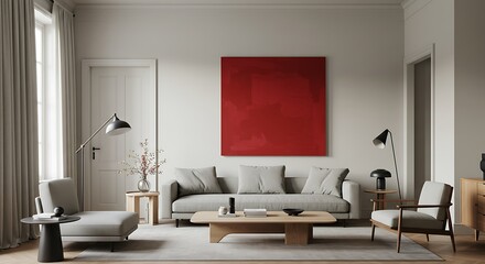 Modern minimalist living room interior with gray sofa, red artwork, and natural wood accents.