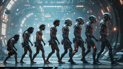 Evolution of humanity from primitive man to futuristic cyborgs in a sci-fi world - Powered by Adobe