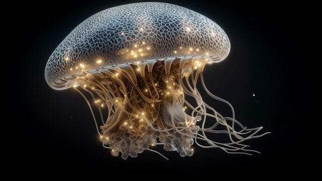 Glowing bioluminescent jellyfish underwater with delicate tentacles and intricate patterns creating magical marine scene dark ocean sea glowing bright