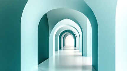A light teal arched hallway stretches into the distance.