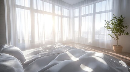 Sunlight streams into a bedroom with a bed and sheer curtains.