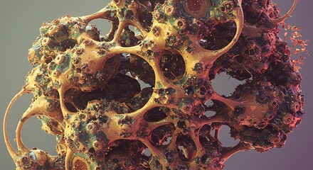 Abstract, organic, golden-hued, intricate, hollow structure, close-up view.