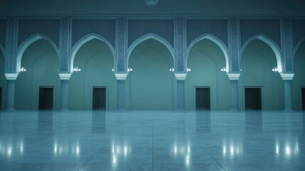 Empty, ornate hall with arched doorways.
