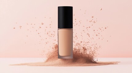 Light beige foundation bottle with powder explosion.