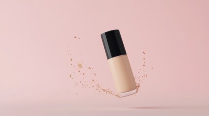 Light beige foundation bottle in mid-air with product splash.