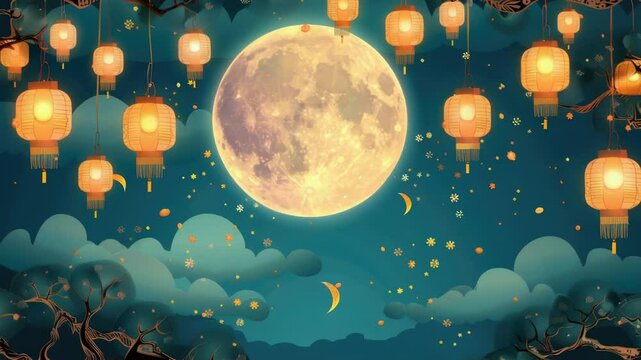 A bright full moon shining in the dark night sky