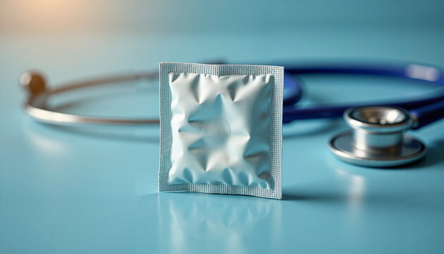 Condom wrapper next to stethoscope on blue background