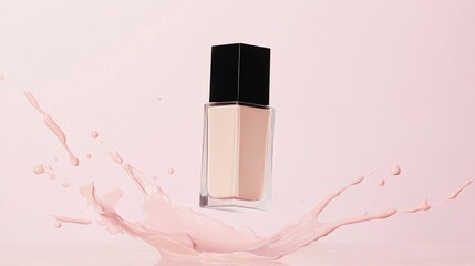 Light beige liquid foundation bottle with splashes of product.