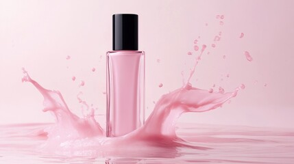 Pink cosmetic product with splashing liquid.