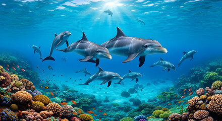 Obraz premium A pod of dolphins swims together in clear, turquoise water above a vibrant coral reef, illuminated by sunlight filtering from above.