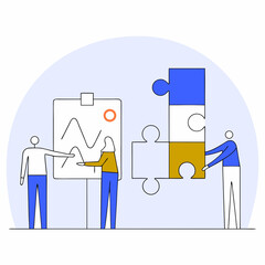 Business team solving puzzle with chart in flat minimalist style