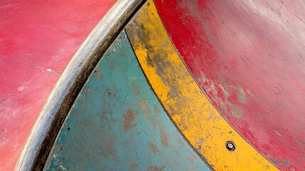 Close up of a skateboard wheel on a colorful ramp at a skate park with scuff marks and wear that tell a story of practice and fun perfect for an urban energetic setting