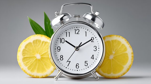 Silver alarm clock with the hands on the numbers 3 and 9. A lemon and a lime are on the table next to the clock
