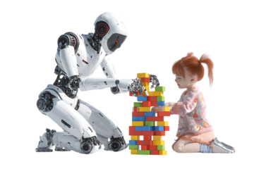 AI robot assisting a child build a colorful tower.
