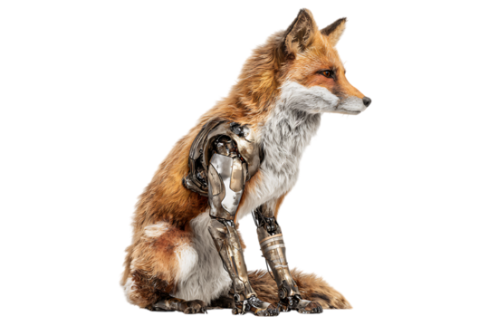 Cyberpunk fox with robotic arms sitting