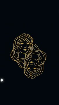 Animation of female faces with gemini zodiac sign against illuminated stars on black background