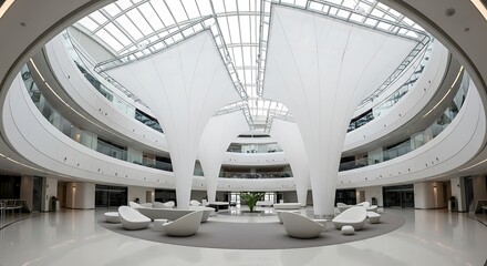 Obraz premium Modern Interior Atrium Design of a Contemporary Building Office Lobby with Skylight.