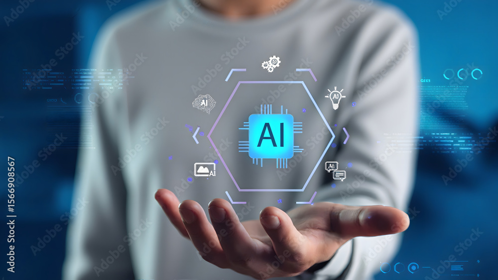 Poster ai technology vector concept: hand holding ai icons in digital interface symbolizing innovation, aut