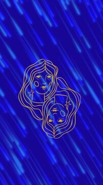 Animation of female faces of gemini zodiac sign against illuminated blue lines moving in loop