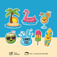 Cute stickers summer illustrations perfect for tropical designs and holiday themes.