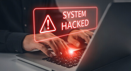 System hacked alert on laptop cybersecurity threat computer virus attack data breach information security danger