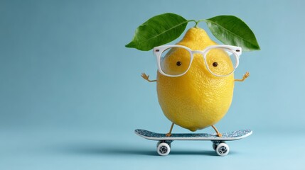 Cartoon lemon wearing glasses is riding a skateboard. The image has a playful and lighthearted mood, with the lemon character being a fun and quirky addition to the scene