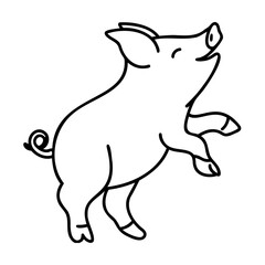 Black and white line art illustration of a pig standing on hind legs