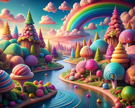 A whimsical candy land landscape features a rainbow, colorful trees, and a winding river