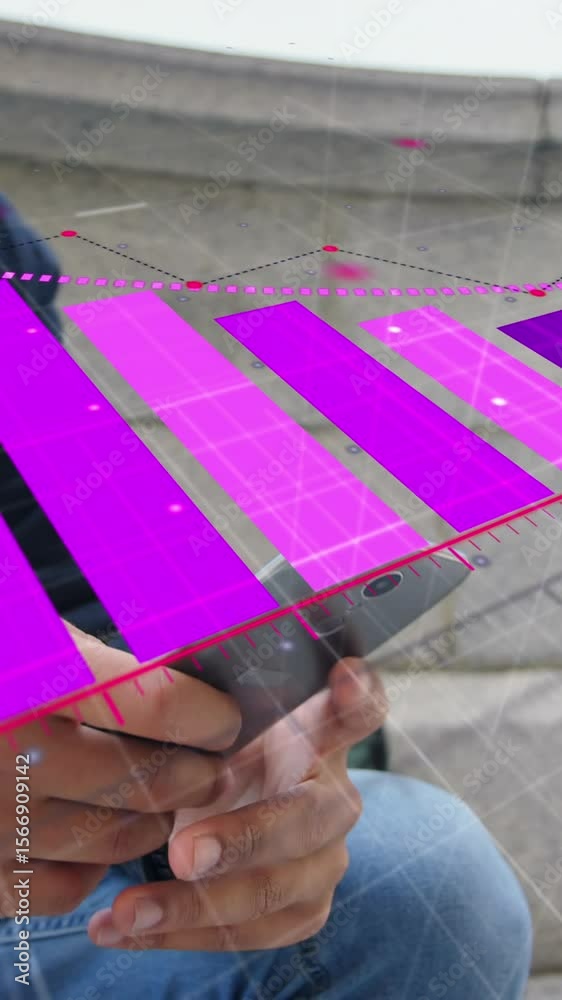 Poster animation of statistics data processing over man using smartphone