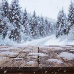 Snow-covered forest landscape with icicles on the roof and a frozen river under a cold, white sky