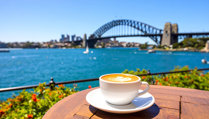 a cup of coffee on a table overlooking Sydney harbour on a bright summer morning. Latte art on a cafe terrace with ocean views. Coastal holiday breakfast at a resort