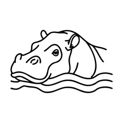 Black and white one line art of a hippo in water hippopotamus