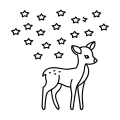 Black Line Art Fawn with Stars on White Background