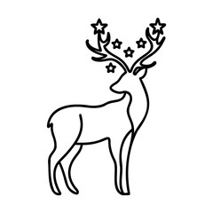 Black Line Art Reindeer with Star Antlers on White Background