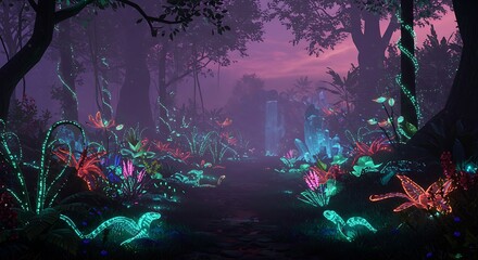A vibrant, bioluminescent forest scene with glowing flora and fauna under a colorful twilight sky.