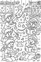 Coloring page children decorating Christmas tree singing carols wearing hats scarves gifts fireplace stockings festive joyful winter night
