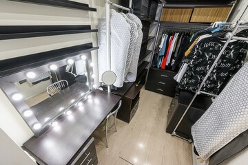 Well-organized walk-in closet with vanity, wardrobe rack, and clothing storage